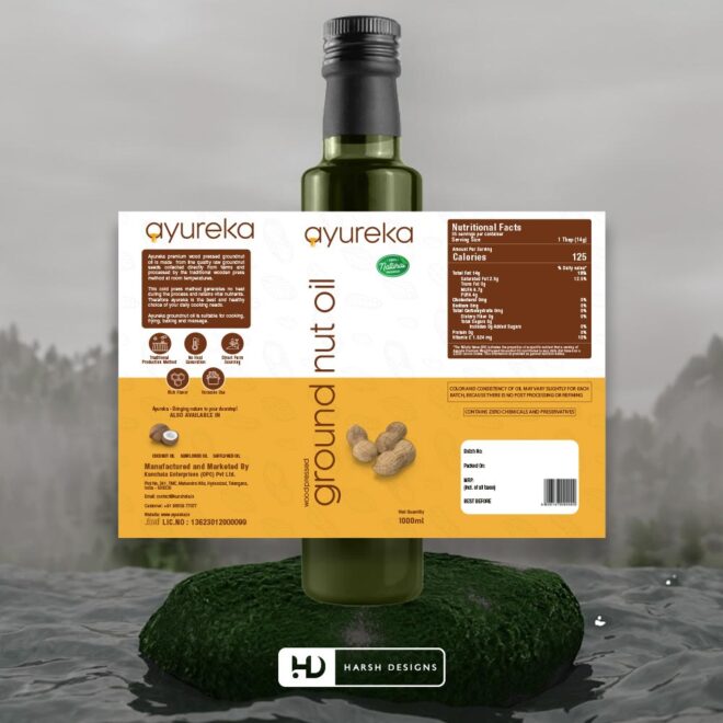 Ayureka Woodpressed Groundnut Oil Label Design, Product Design, Package Design and Packaging Design Service in Hyderabad