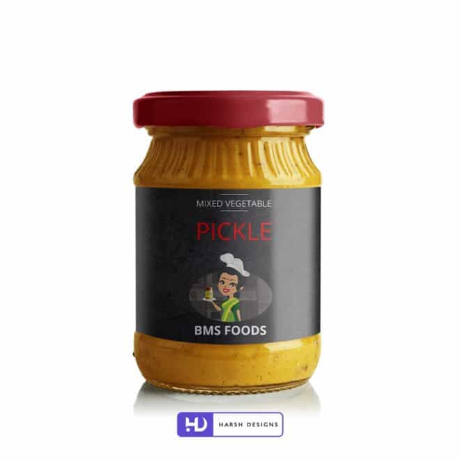 BMS FOODS - Mixed Vegetable Pickle Design - Pickle Design - Product Design - Lable Designs - Package Design - Graphic Design Service in Hyderabad - Product Design service in Hyderabad - Package Design service in Hyderabad