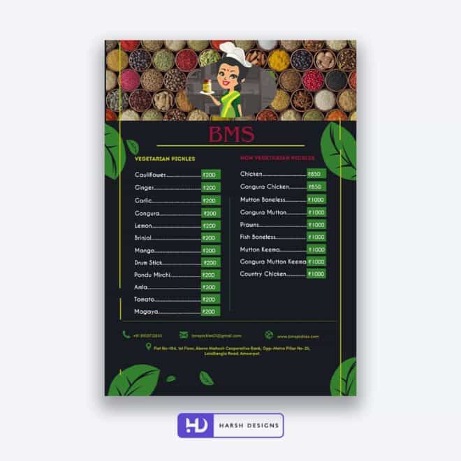 BMS Menu Card Design - Corporate Identity and Business Stationery Design - Harsh Designs - Graphic Designing Service in Hyderabad