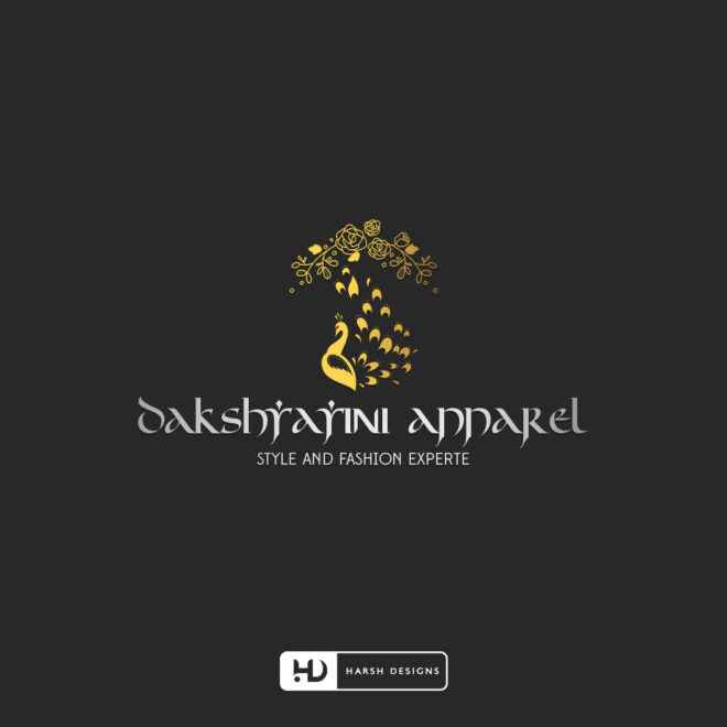 Dakshyayini Apparel emblem logo design with peacock line art for women’s apparel and accessories branding created by Harsh Desig (2)