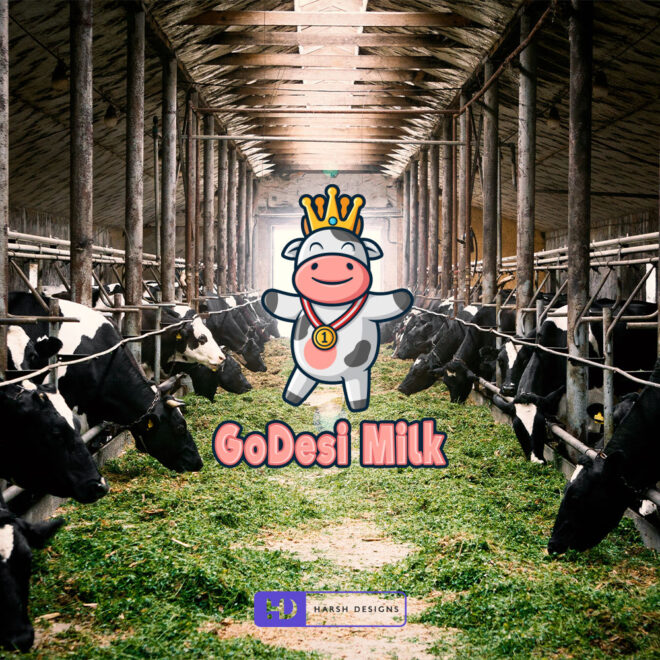 Desi Milk mascot logo design with cow illustration for dairy branding created by Harsh Designs logo design service in Hyderabad, Bangalore, and across India (1)