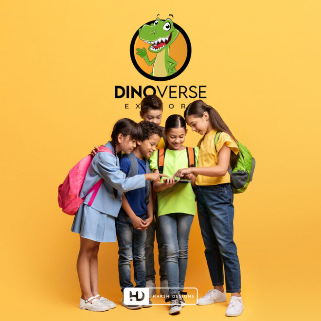 DinoVerse mascot logo design with creative dinosaur branding created by Harsh Designs graphic designer service in Hyderabad, India (1)