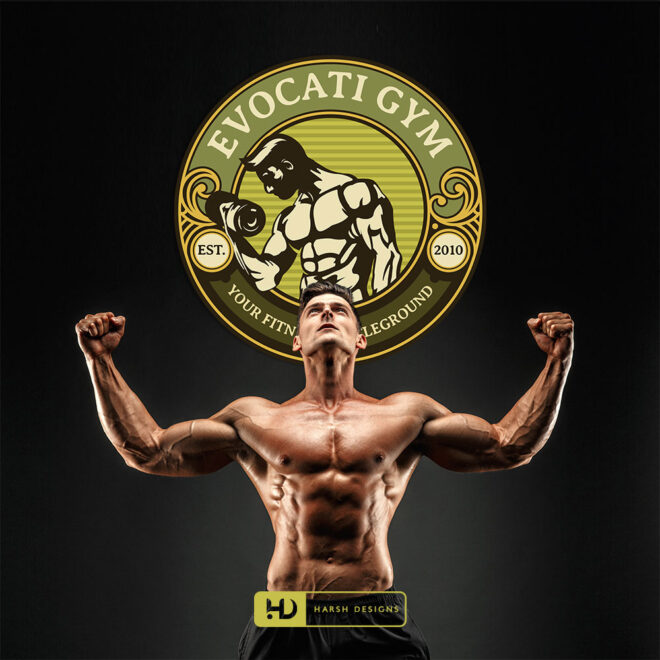 Evocati Gym emblem logo design for fitness and corporate branding created by Harsh Designs logo design service in Hyderabad, Bangalore, and across India (1)