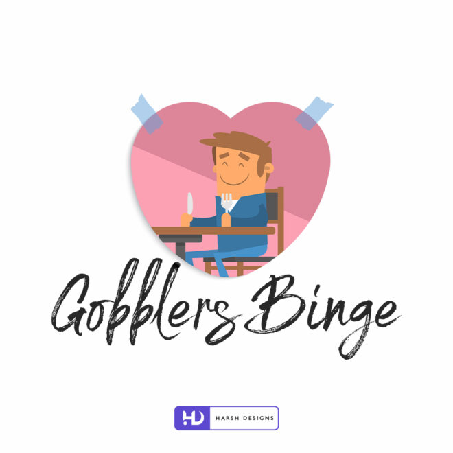 Gobblers Binge food mascot logo design with character illustration for kitchen and restaurant branding created by Harsh Designs graphic designer service in Hyde