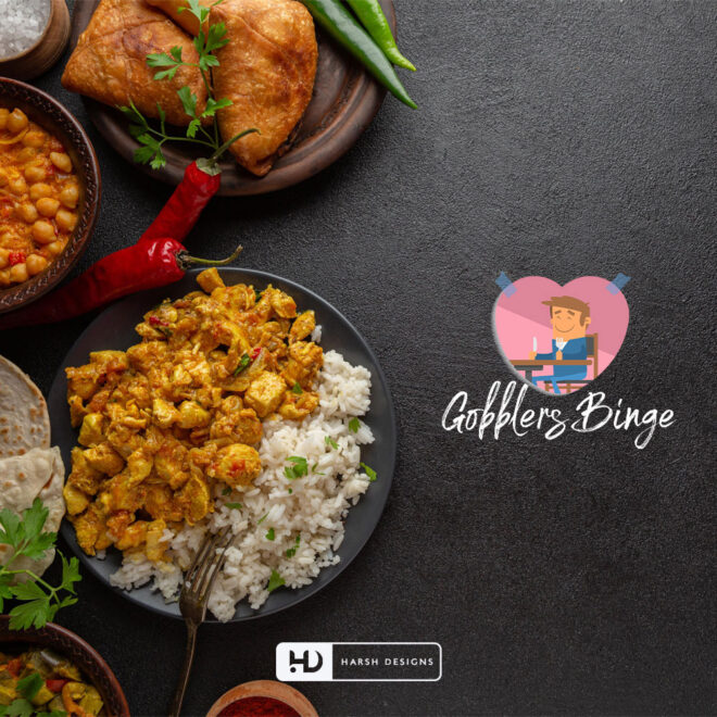 Gobblers Binge food mascot logo design with character illustration for kitchen and restaurant branding created by Harsh Designs graphic designer service in Hyderabad, Ind (1)