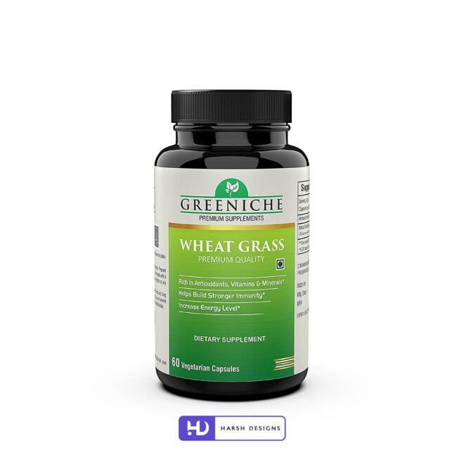 Greeniche Wheat Grass Vegetarian Capsules Label Design, Premium Supplements Product Design and Packaging Design Service in Hyderabad
