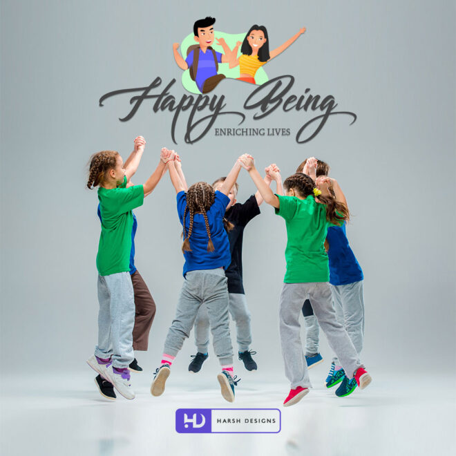 Happy Being Enriching Lives children mascot logo design with character illustration for kids brand and corporate branding created by Harsh Designs graphic designer servic (1)