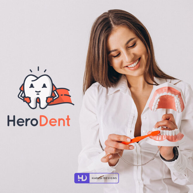 Hero Dent dentist pictorial mark logo design for dental clinic and oral healthcare branding created by Harsh Designs logo design service in Hyderabad, Bangalore, (1)