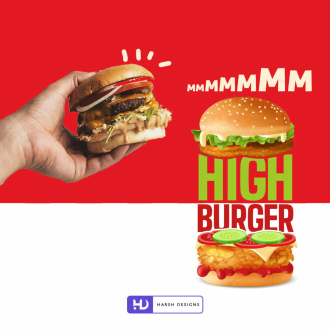 High Burger combination mark logo design for fast food and restaurant branding created by Harsh Designs logo design service in Hyderabad, India (1)