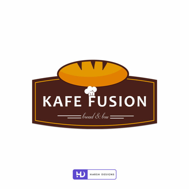 Kafe Fusion Bread & Bru cafeteria emblem logo design for coffee shop and corporate branding created by Harsh Designs graphic designer service in Hyderabad, Indi