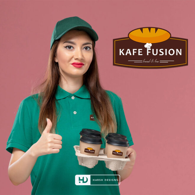 Kafe Fusion Bread & Bru cafeteria emblem logo design for coffee shop and corporate branding created by Harsh Designs graphic designer service in Hyderabad, India (1)