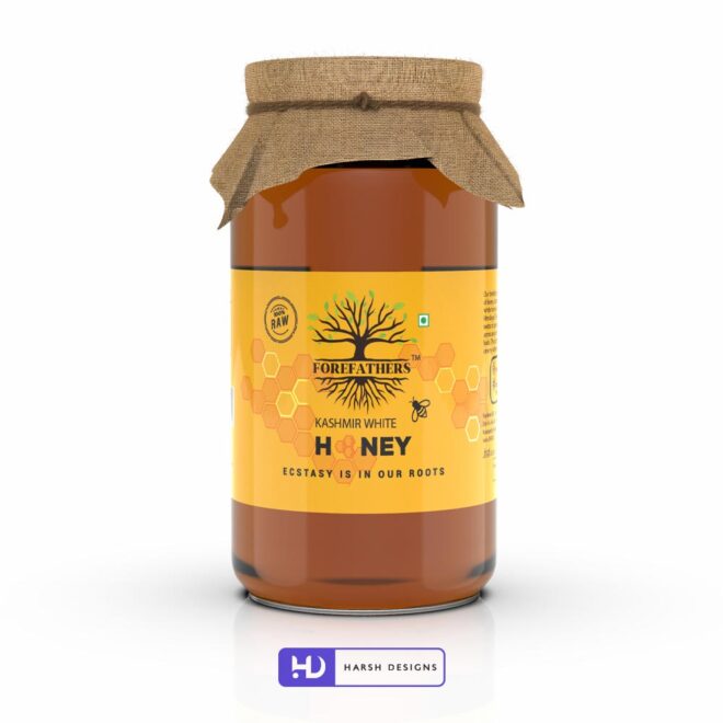 Kashmir White Honey Jar Label Design, 100% Raw Honey Product Design, Forefathers TruRadix Packaging Design Service in Hyderabad (1)