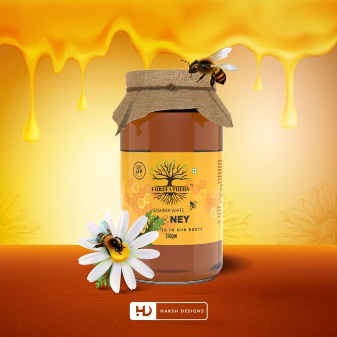 Kashmir White Honey Jar Label Design, 100% Raw Honey Product Design, Forefathers TruRadix Packaging Design Service in Hyderabad (2)