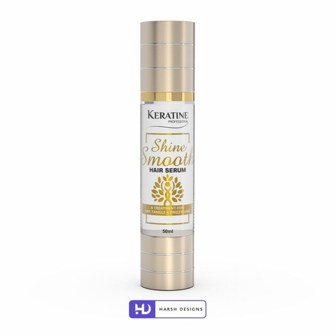 Keratine Shine Smooth Hair Serum Label Design, Product Design for Dry Hair, Package Design and Packaging Service in Hyderabad