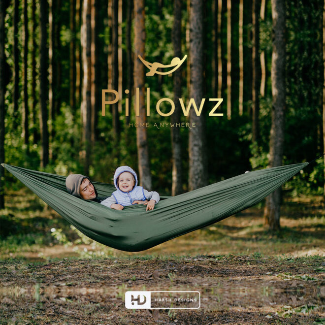 Pillowz Home Anywhere hotel and travel pictorial mark logo design for vacation and hospitality branding created by Harsh Designs (1)