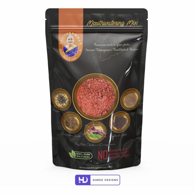 Savitramma's Podi Pouch Packaging Design, Product Design, Label Design and Packaging Design Service in Hyderabad (1)