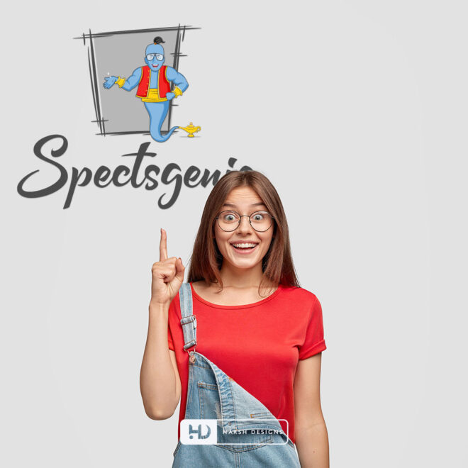 Spectsgenie mascot logo design with genie illustration for spectacles and eyewear corporate branding created by Harsh Designs gr (1)