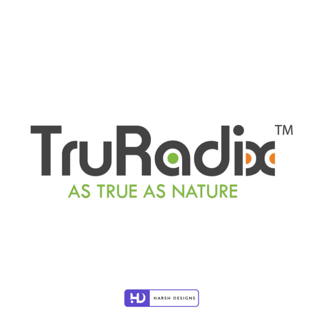TruRadix nutrition logo design with abstract typography blending nature and science branding created by Harsh Designs corporate graphic designer service in Hyde