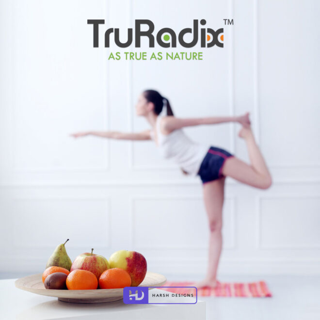 TruRadix nutrition logo design with abstract typography blending nature and science branding created by Harsh Designs corporate graphic designer service in Hyderabad, Ind (1)
