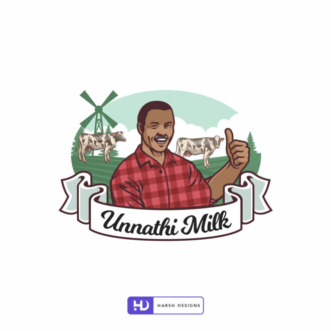 Unnathi Milk mascot logo design with farmer illustration for dairy product branding, label and package design created by Harsh Designs graphic designing service