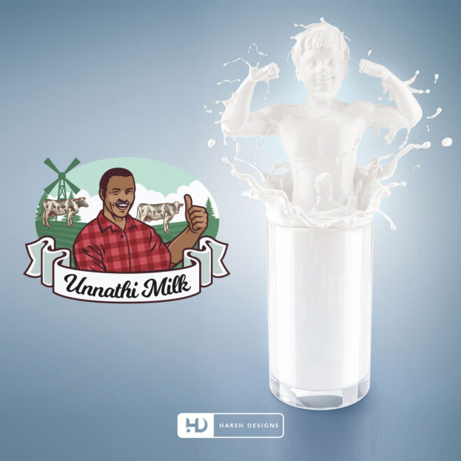Unnathi Milk mascot logo design with farmer illustration for dairy product branding, label and package design created by Harsh Designs graphic designing service in Hydera (1)