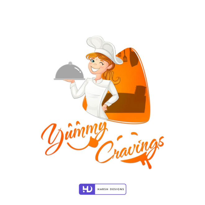 Yummy Cravings mascot craving logo design with kitchen and cook illustration for food and restaurant branding created by Harsh Designs graphic designer service (2)