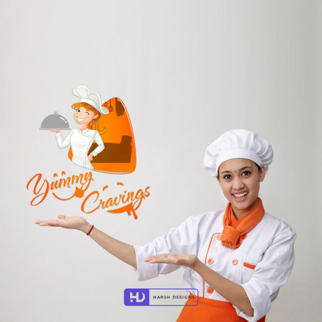 Yummy Cravings mascot craving logo design with kitchen and cook illustration for food and restaurant branding created by Harsh Designs graphic designer service in Hyderab (1)